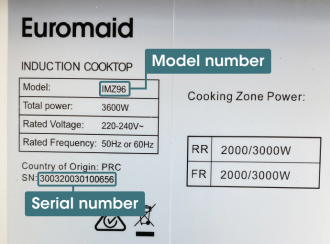 Product label showing model and serial numbers